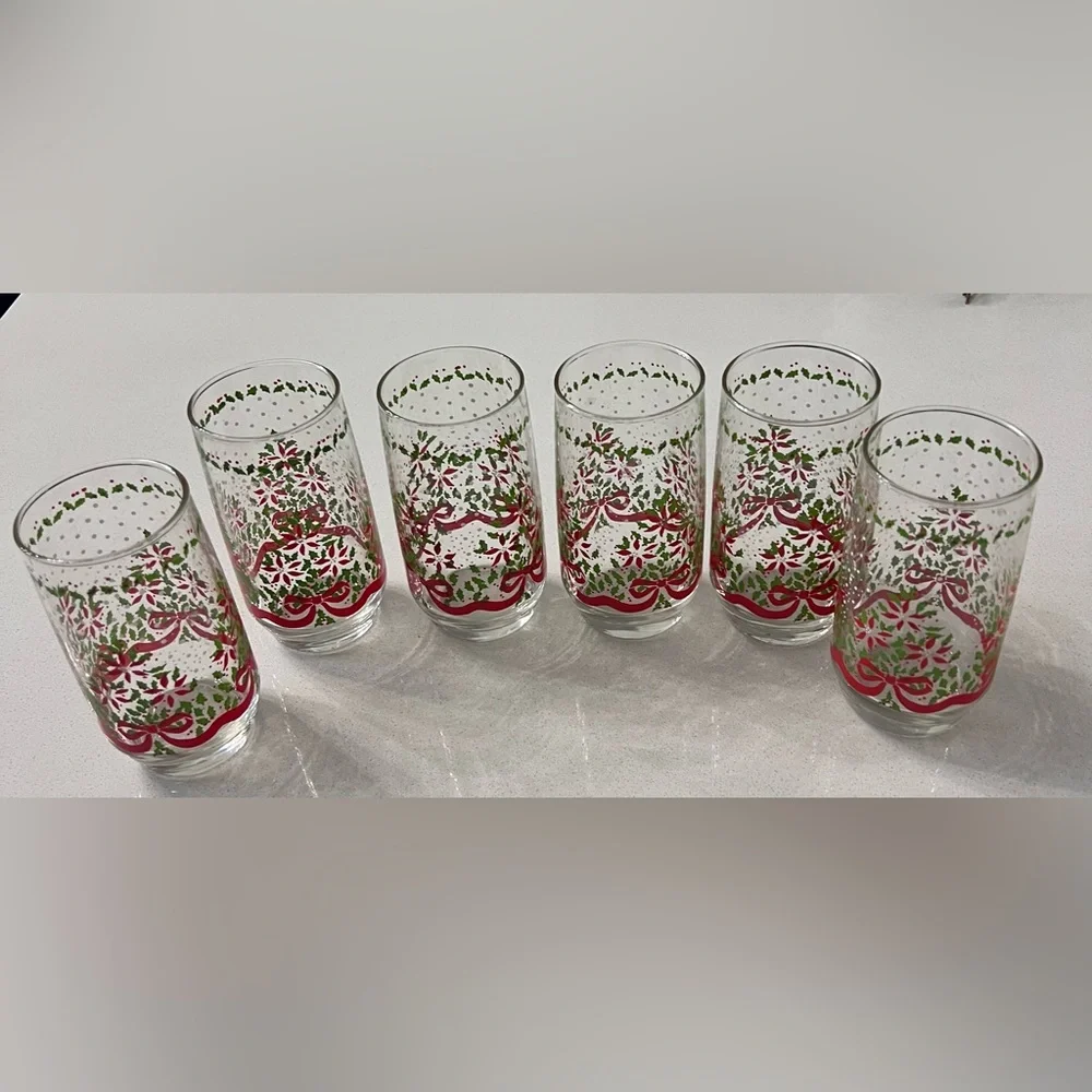 Vintage Christmas Holly Red Ribbon Texture Snow Drink Glasses 5” Set Of‎ 6